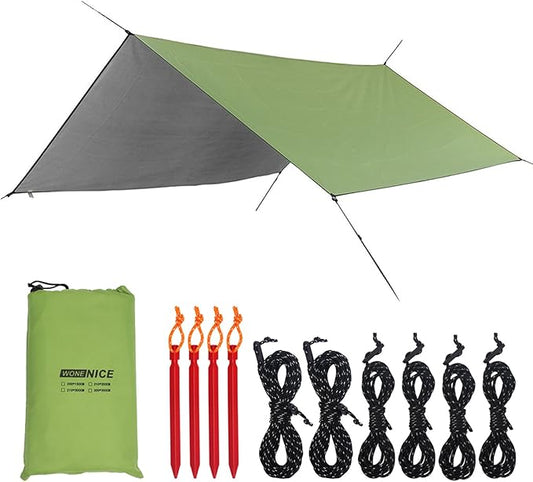 WoneNice 10' x 13' Waterproof Camping Tarp - Lightweight Hammock Rain Fly for Backpacking, Hiking, Travel - Windproof Shelter, Compact & Durable Tent Tarp Cover