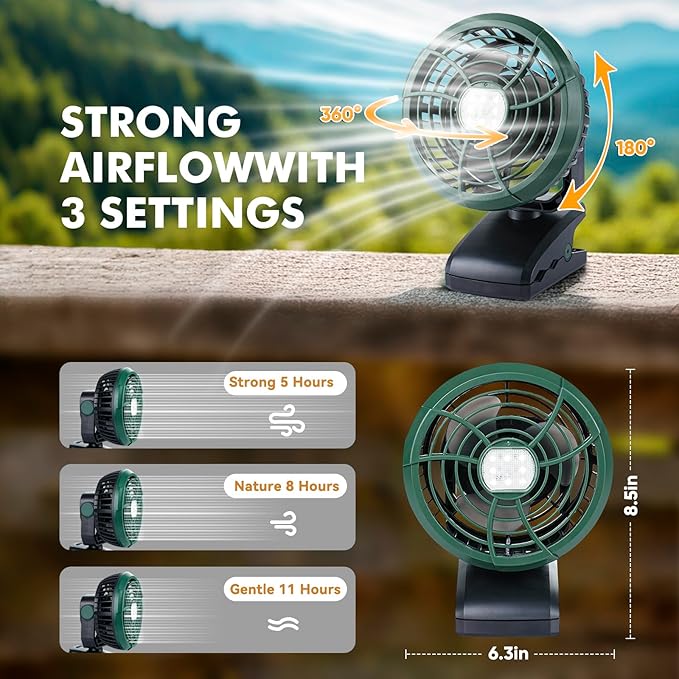 Durapower Clip-on Camping Fan with LED Lantern, Magnetic Base & Hanging Hook – Ideal for Travel, Tent, RV, Picnic, Treadmill, Stroller, Golf Cart & Home
