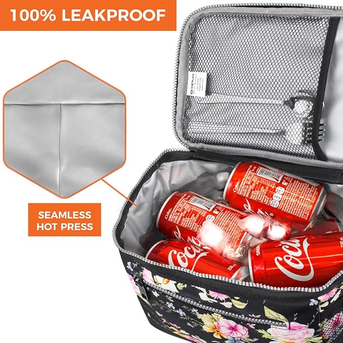 opux Insulated Lunch Box Men Women, Lunch Bag for Work School, Leakproof Soft Cooler Tote Adult, Large Lunch Pail Kids Boys Girls, Picnic Beach Food Bag with Shoulder Strap, Black Floral