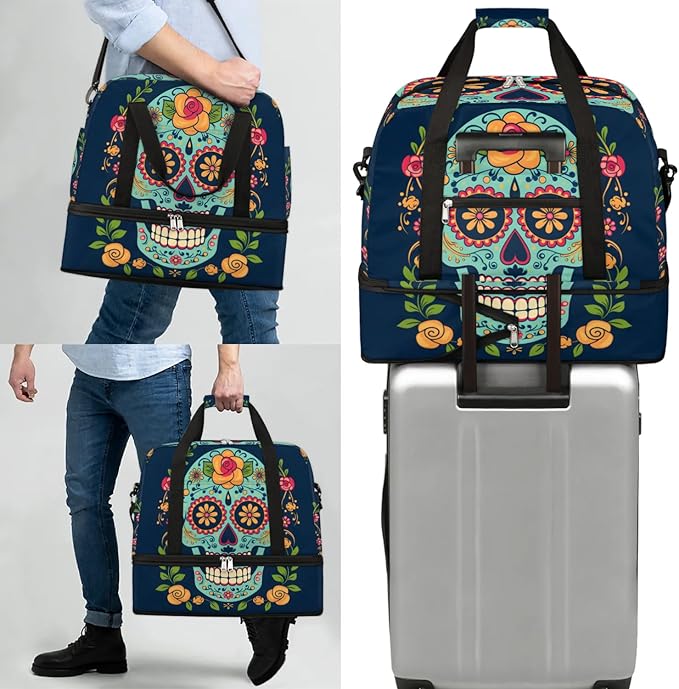 cfpolar Woman Travel Duffel Bag Mexican Skull Foldable Tote Carry On Luggage Sports Gym Bag With Shoe Compartment Overnight Weekend Yoga Workout Bag Training Handbag