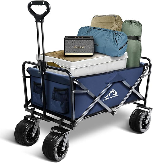 Large Collapsible Wagon Cart Heavy Duty Foldable, Large Capacity Foldable Grocery Beach Wagon for Camping Sports Shopping, Blue