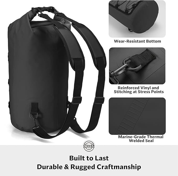 STOVER 5/10/25/30/40/55L Waterproof Dry Backpack- Medium Floating Dry Bag for Kayaking, Travel, Tubing, Hiking, Fishing, Camping, Motorcycles & Beach, Heavy-Duty Roll Top Men/Women (Black)