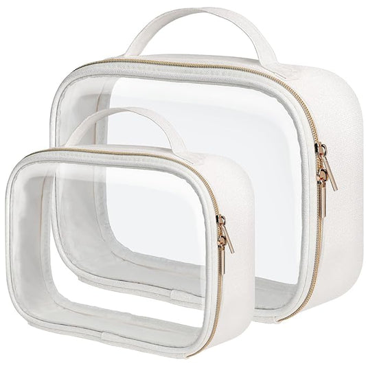 PACKISM TSA Approved Toiletry Bag - Glitter Textured Clear Toiletry Bag, Personalized and Fashion, with 180° Large Opening and Supporting Frame, Perfect for Travel Essentials, Thick No Smell, White