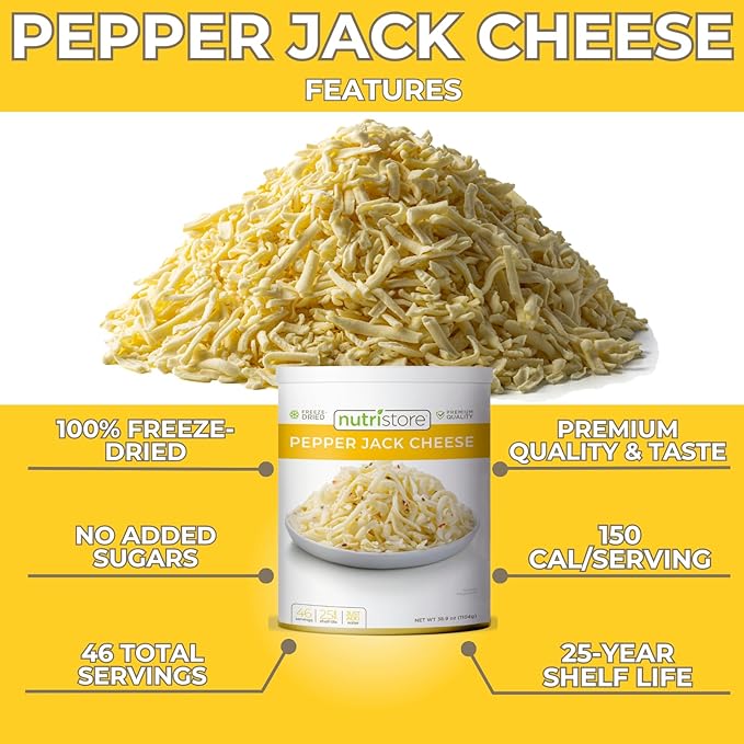 Nutristore Freeze-Dried Pepper Jack Cheese Shredded | Amazing Taste & Quality | Perfect for Snacking & Backpacking, Camping Meals | Emergency Survival Food Storage | 25 Year Shelf-Life