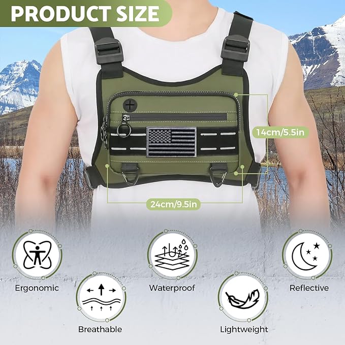 Sports Chest Bag For Men Women, Water Resistant Lightweight Front Chest Pack, Running Vest Bag With Built-In Phone Holder & Extra Storage For Workouts, Running, Cycling (Olive)
