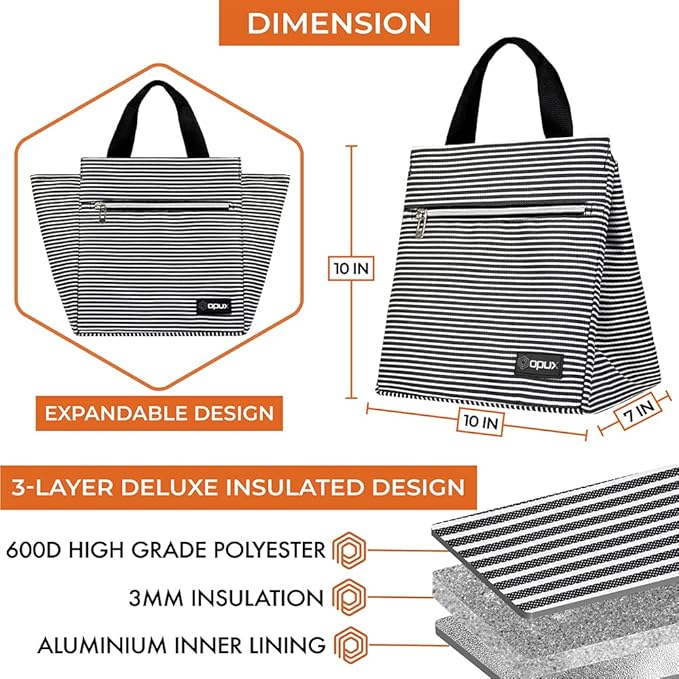 opux Lunch Bag for Women, Insulated Lunch Box Tote for Girls Kids Adult School Work, Reusable Womens Lunch Tote for Office Travel, Cute Small Lunch Tote, Fits 12 Cans - Stripe Black