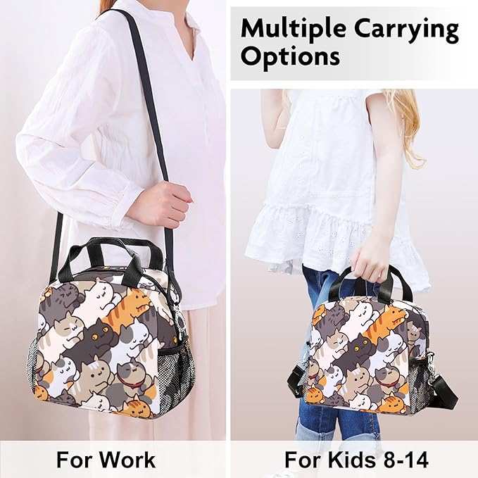 Lunch box Kids,Insulated Cat Lunch Bag Cute Small Lunch Totebag Reusable Leakproof Lunch Bag With Shoulder Strap for Girls Boys Women School Work Picnic