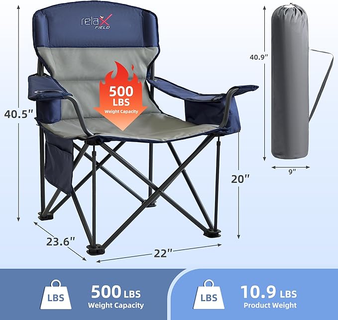 Oversized Folding Camping Chair, Heavy Duty Support 500LBS Outdoor Chair with Cup Holder Storage and Cooler Pouch, Collapsible Padded Arm Chair for Sports Garden Beach Fishing, Blue