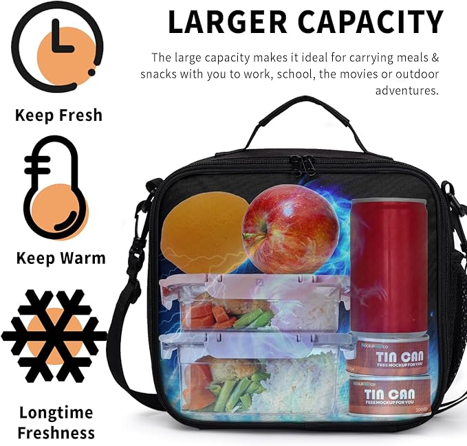 Blue Lightning Pattern Lunch Bag Blue Fire Dragon Lunch Boxes for Women/Man Office Work Travel, School, Work, Picnic, Durable Reusable Insulated Large Lunch Tote Bag with Adjustable Shoulder Strap