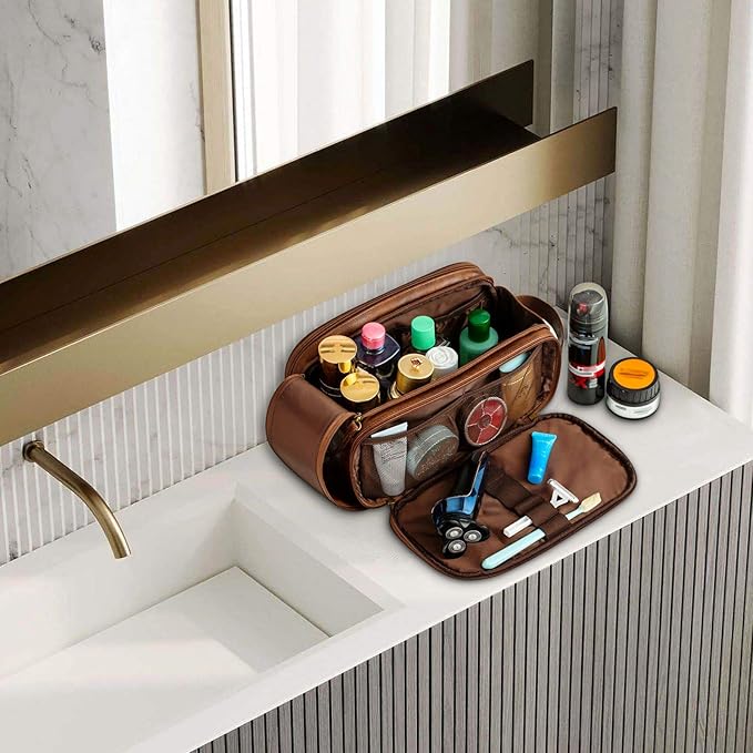 Elviros Toiletry Bag for Men, Large Travel Shaving Dopp Kit Water-resistant Bathroom Toiletries Organizer PU Leather Cosmetic Bags