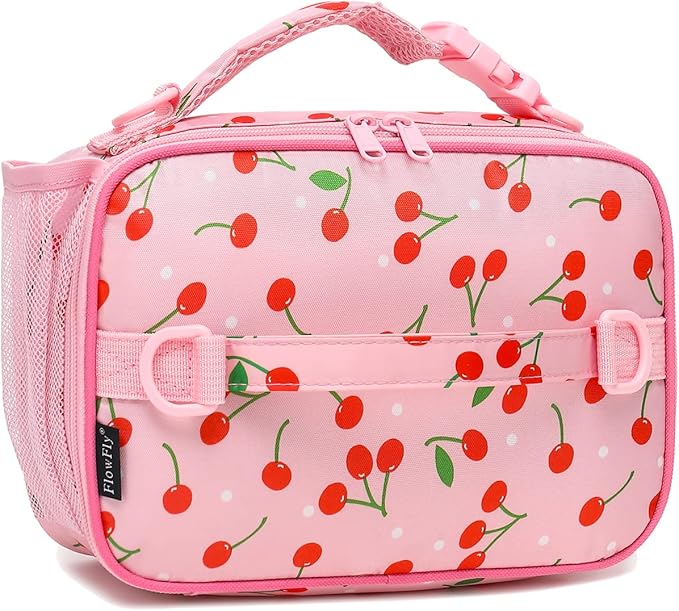 FlowFly Kids Lunch Bag, Durable Insulated School Lunch Box with Shoulder Strap and Bottle Holder, Water-resistant Thermal Small Lunch Cooler Tote for Teen Boys & Girls,Cherry