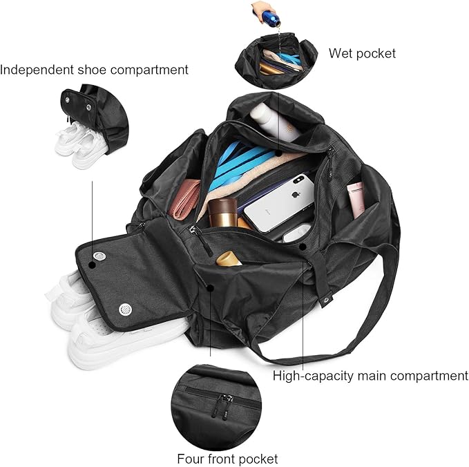 Travel Yoga Gym Bag for Women, Carrying Workout Gear, Makeup, and Accessories, Shoe Compartment and Wet Dry Storage Pockets（Medium，Black）
