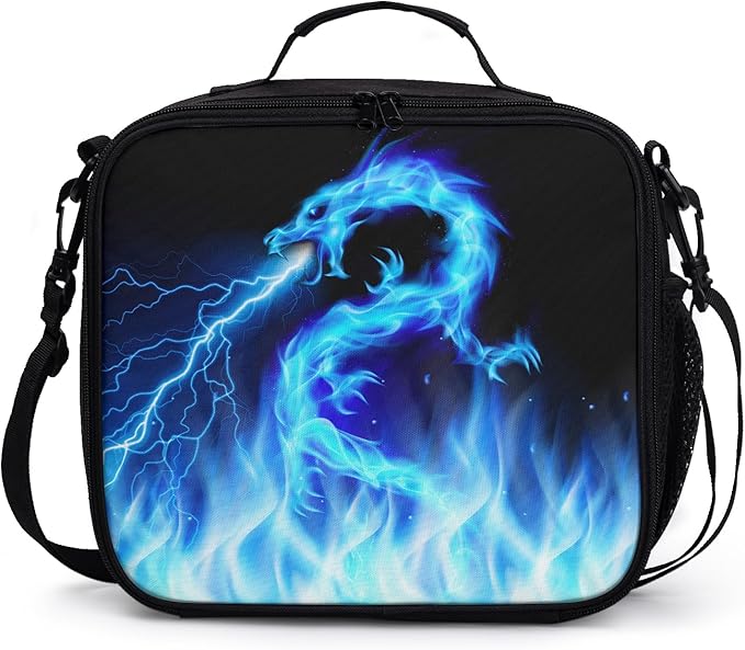 Blue Lightning Pattern Lunch Bag Blue Fire Dragon Lunch Boxes for Women/Man Office Work Travel, School, Work, Picnic, Durable Reusable Insulated Large Lunch Tote Bag with Adjustable Shoulder Strap