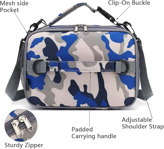 FlowFly Kids Lunch Bag, Durable Insulated School Lunch Box with Shoulder Strap and Bottle Holder, Water-resistant Thermal Small Lunch Cooler Tote for Teen Boys & Girls,Blue Camo