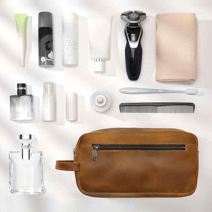 Ringsun Leather Travel Toiletry Bag for Men, Full Grain Leather Dopp Kit Shaving Bag Travel Organizer, Bourbon Brown