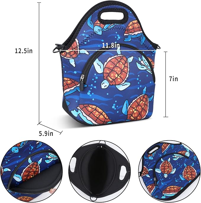 Violet Mist Neoprene Lunch Bag Reusable Insulated Lunch Box with Adjustable Shoulder Strap&Pocket for Women,Men,Adults,Cute Cartoon Turtle Snack Bags Anime Animal Work Picnic Travel Tote Food Handbags