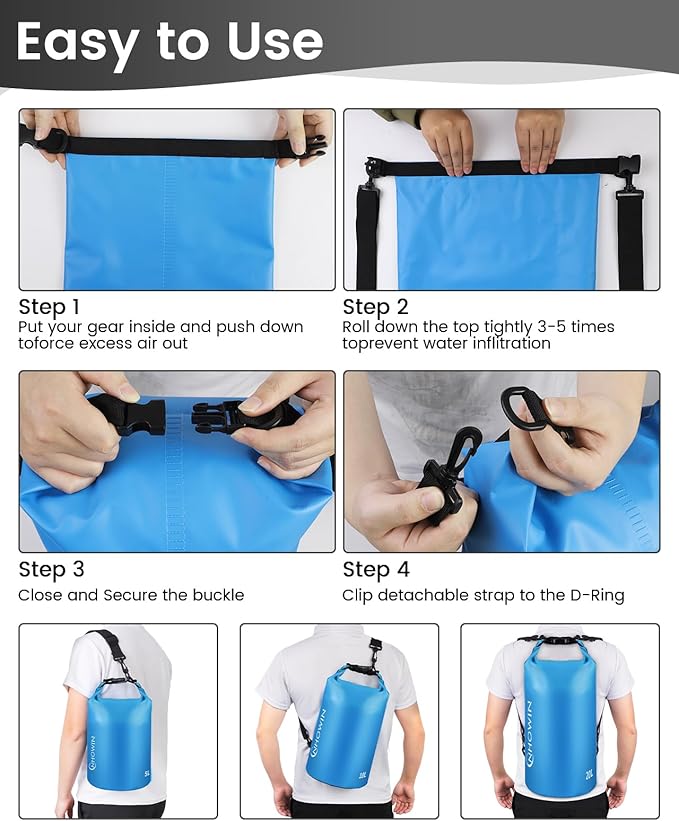 Waterproof Dry Bag, Roll Top Lightweight Waterproof Bag for Men Women 5L/10L/20L Dry Bags for Kayaking, Rafting, Beach, Boating, Swimming & Skiing Dry Waterproof Backpack - 10L