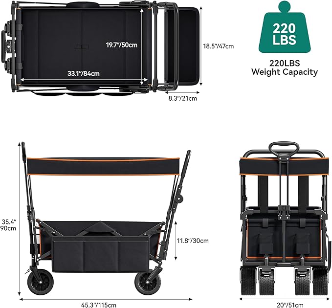 YITAHOME Collapsible Garden Cart w/Removable Canopy, Heavy Duty Outdoor Foldable Wagon Cart w/Rear Storage and Flexible Swivel Wheels for Shopping, Picnic, Camping, Sports,Black