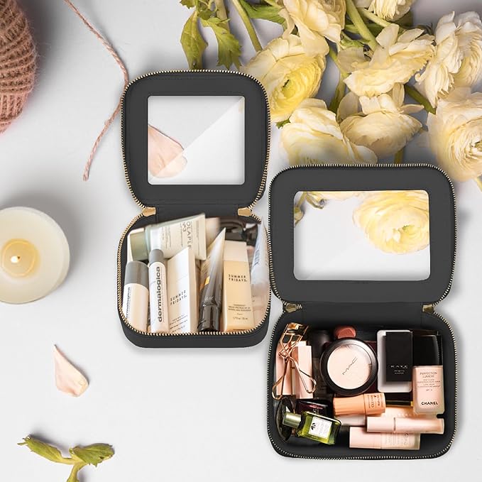 Prite Clear Makeup Bag Set for Women Portable Clear Makeup Bag Cute Waterproof Travel Cosmetic Bag with Gold Zipper for Car Essentials(Black)