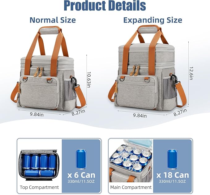 Insulated Lunch Box for Men/Women: Reusable Lunch Bag for Work Office Daytrip Picnic Beach - Leakproof Cooler Tote Bag Organizer for Adults - Light Gray