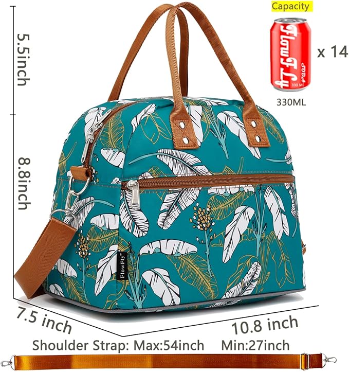 FlowFly Insulated Lunch Bag With Shoulder Strap for Women, Men, and Kids, Large and Reusable, Handle, Freezable Work and School Travel Tote and Meal Prep Organizer, leaves