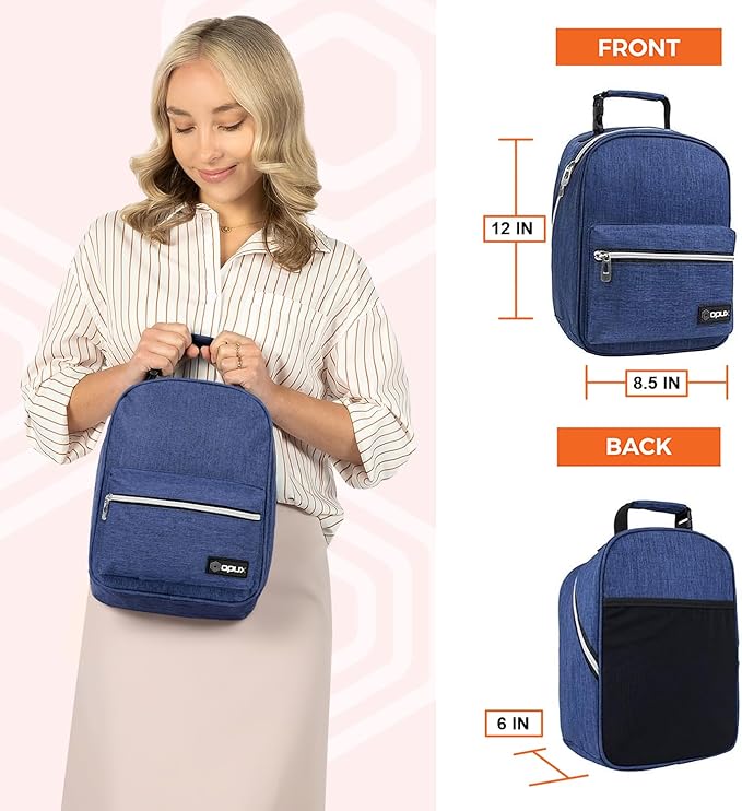 opux Lunch Box for Girls Boys Kids, Insulated Leakproof Lunch Bag, Reusable Teen Lunch Boxes for School, Medium Large lunchbox for Women Men Adult for Work with Front Back Pocket (Navy Blue)