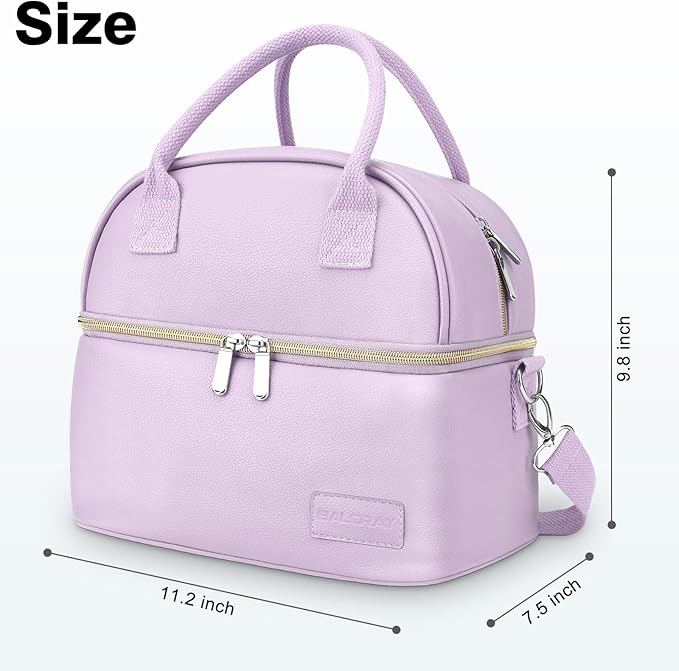 BALORAY Lunch Bag for Women Men, Double Deck Lunch Box for Adults, PU Leather Lunch Tote Bag Insulated Lunch Bags with Strap for Work Office Picnic (Purple)