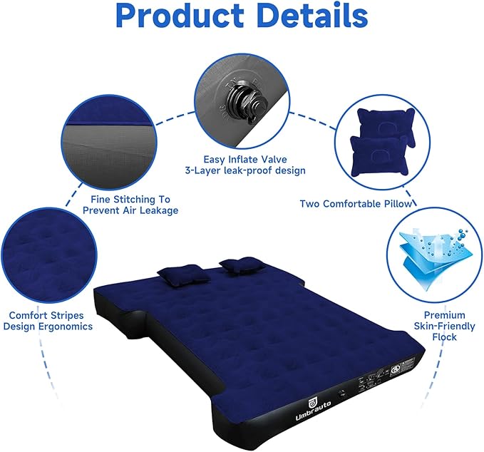 Umbrauto Truck Bed Air Mattress for 5.5'-5.8' Full Size Short Truck Beds, Inflatable Pickup Truck Sleeping Pad for Outdoor Camping with Pump and Pillows, Cruise Navy