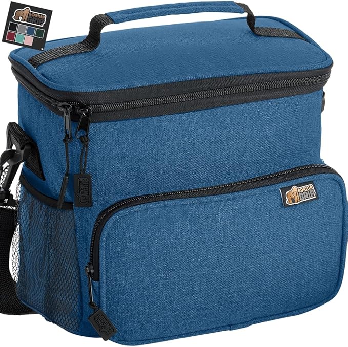 GORILLA GRIP Reusable Insulated Lunch Box Bag, Large Capacity, Leakproof Soft Cooler Bags, Mesh Pockets and Adjustable Strap, Food Tote for Work Camping School, Keep Drinks Cold, 8L, 10x9, Navy Blue