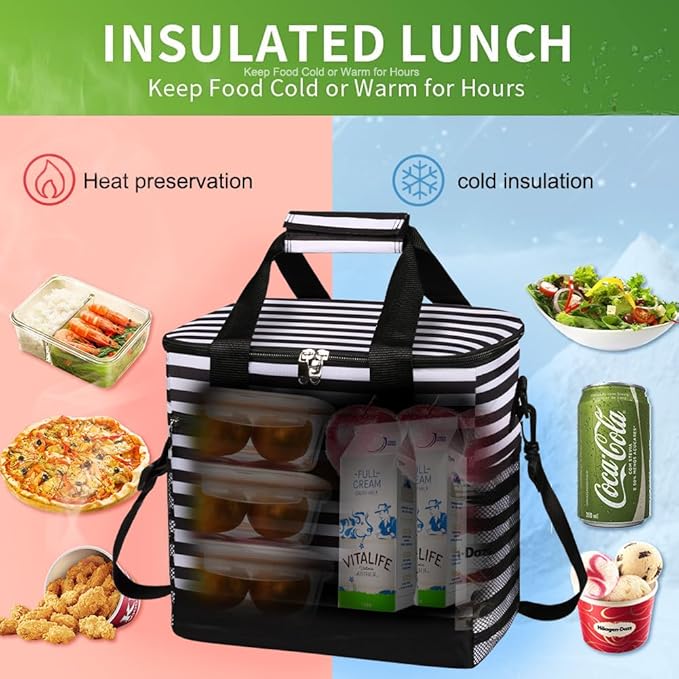iknoe Large Cooler Bag Collapsible, 15L Insulated Bags, Leakproof Lunch Cooler Tote with Multi-Pockets for Adult, Insulated Lunch Box for Beach, Picnic,Work, Stripe 24-Can