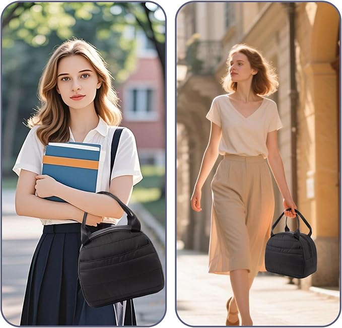 Lunch Bag Lunch Box for Women Men Adult Insulated Cute Small Quilted Puffer Lunchbox Reusable Thermal Lunch Cooler Tote Bag for Work, Picnic or Travel-Black