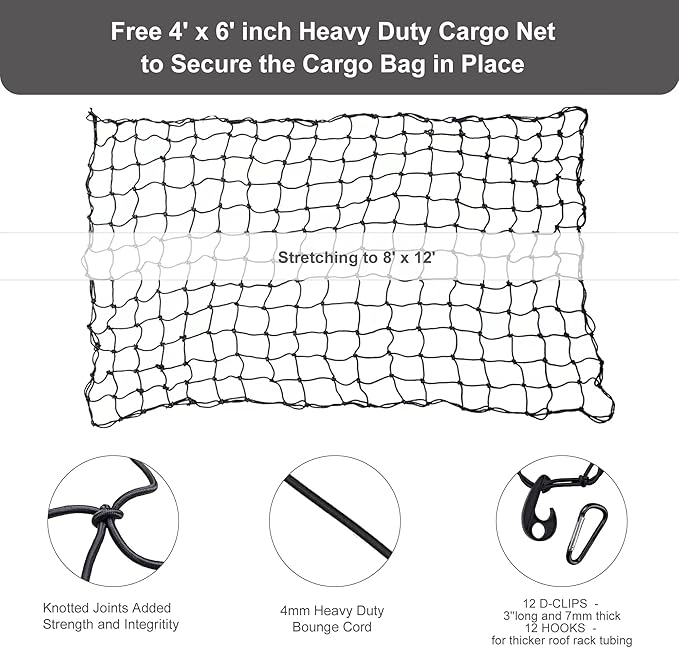 Truck Bed Cargo Bag with Cargo Net, 26 Cubic Feet (51''x40''x22''), 4'x6' Cargo Net Stretches to 8'x12', 100% Waterproof 600D Heavy Duty, Fits Any Truck Size, Convenient for Installation