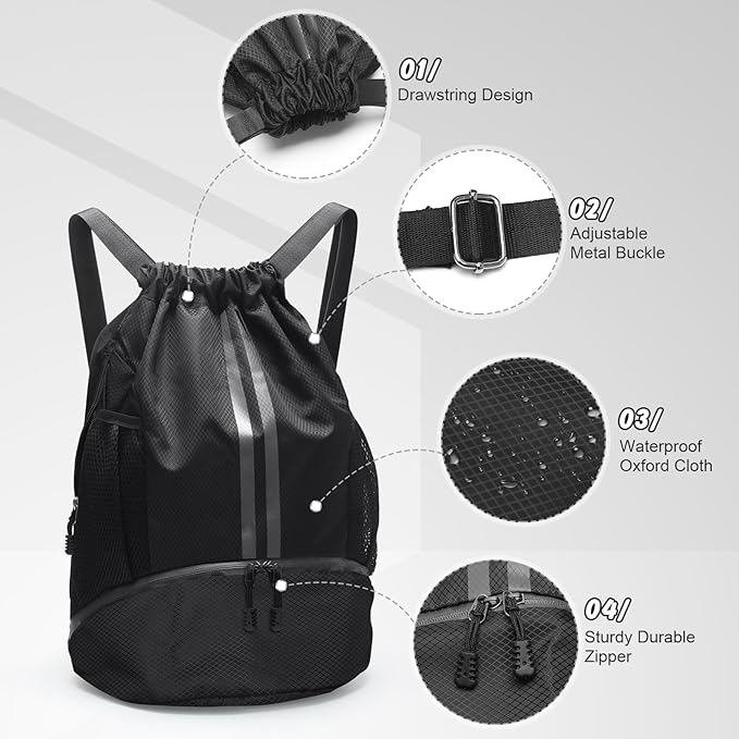 Sports Drawstring Backpack - Waterproof Swim Bag Gym Bag with Shoes Compartment and Dry/Wet Separation Pocket for Women Men Basketball, Sports, Gym, Travel
