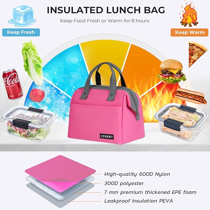 ECHSRT Large Insulated Lunch Bag for Women Men Leakproof Lunch Tote Bags Cooler Bag for Work Travel Adult Thermal Lunch Bags for Office -10L Lunchbox - Pink