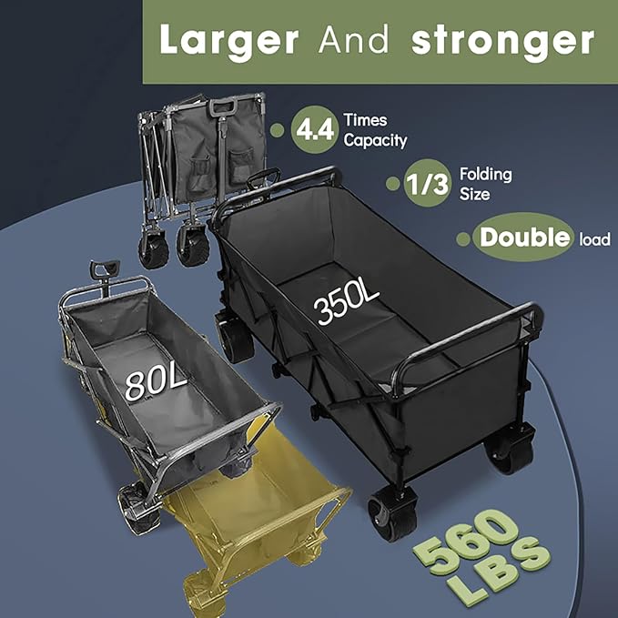 350L Large Capacity Foldable Wagon with Removable Canopy & Brakes, 560lbs Heavy Duty Collapsible Wagon Cart with Push Handle All-Terrain Big Wheels for Camping, Sports, Shopping, Beach