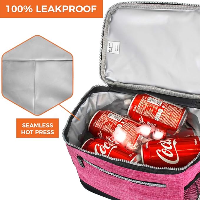 opux Insulated Lunch Box Men Women, Lunch Bag for Work School, Leakproof Soft Cooler Tote Adult, Large Lunch Pail Kids Boys Girls, Picnic Beach Food Bag with Shoulder Strap, Pink