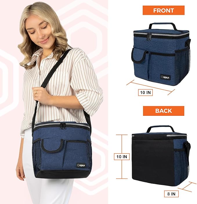 opux Insulated Lunch Bag for Men Women, Leakproof Heather Navy Lunch Box for Work, Portable Soft Lunch Cooler Bag with Shoulder Strap, Adult Lunchbox Lunch Pail for Kid Boy Girl School, 18 Can/10L