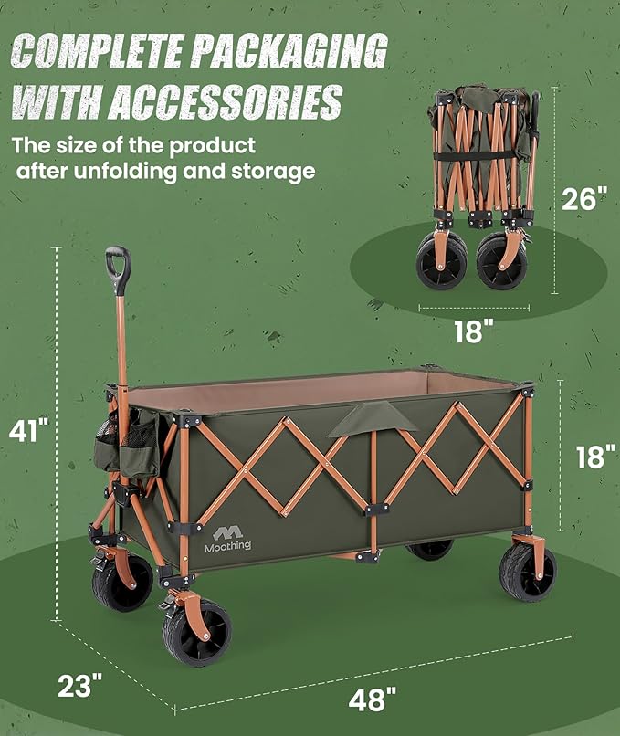 48”L Foldable Wagons Carts Extended, Collapsible Folding Wagon 500lbs Heavy Duty, 400L Large Beach Wagon, Utility Wagon with All Terrain Big Wheels for Sports, Camping, Grocery, Garden, Green