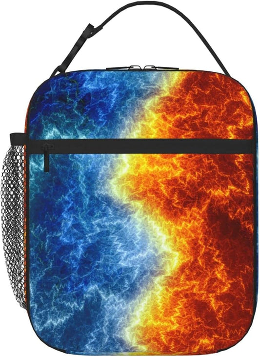 SARA NELL Cool Fire and Ice Abstract Fractal Lightning Insulated Lunch Bag Fire and Ice Lunch Cooler Box for Women Men Teens Kids, Reusable Lunch Tote Bag for Work, Picnic, School or Travel