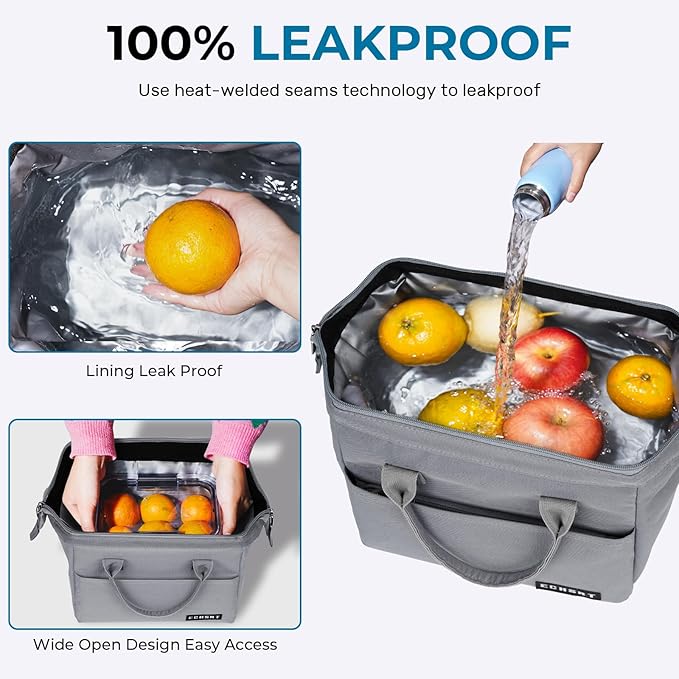 ECHSRT Large Insulated Lunch Bag for Women Men Leakproof Cooler Lunch Tote Bags for Work Travel Adult Thermal Lunchbox for Office -10L Grey