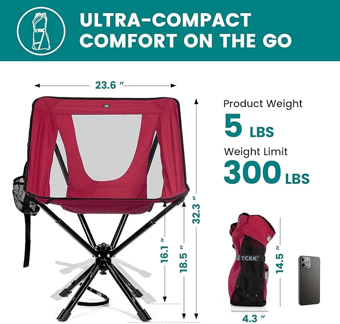 Portable Camping Chair - SwivelCore 180 Swivel & Auto-Return, Small Compact Lightweight Folding Chairs for Adults, Outdoor Backpack Chair for Adventures, Setup in Seconds, Support 300 LBS