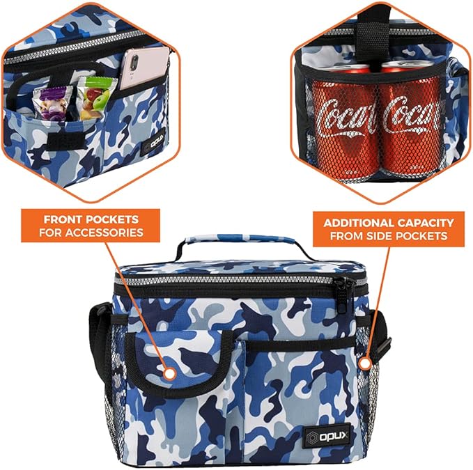 opux Insulated Lunch Bag for Men Women, Leakproof Camo Blue Lunch Box for Work, Portable Soft Lunch Cooler Bag with Shoulder Strap, Adult Lunchbox Lunch Pail for Kid Boy Girl School, 14 Can/8L