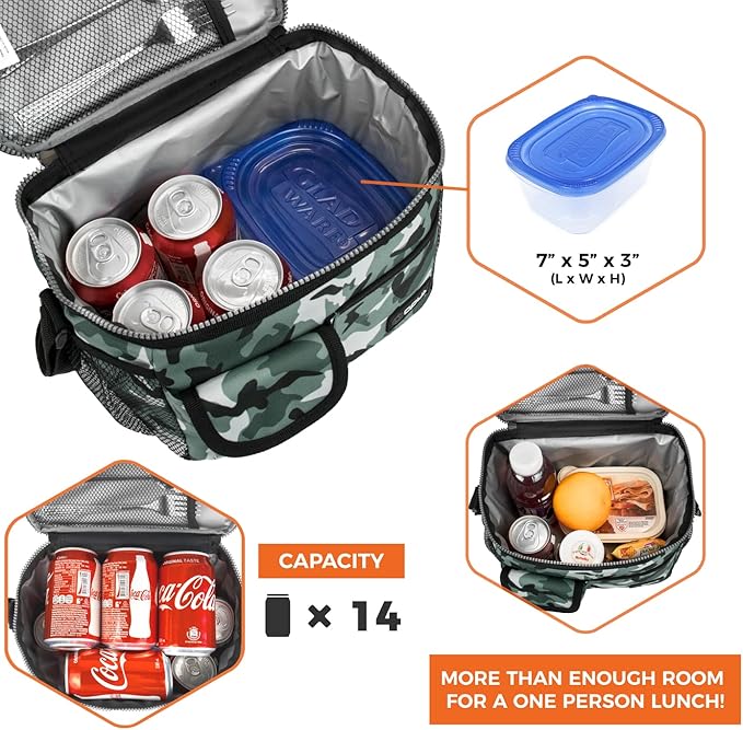 opux Insulated Lunch Bag for Men Women, Leakproof Camo Green Lunch Box for Work, Portable Soft Lunch Cooler Bag with Shoulder Strap, Adult Lunchbox Lunch Pail for Kid Boy Girl School, 14 Can/8L