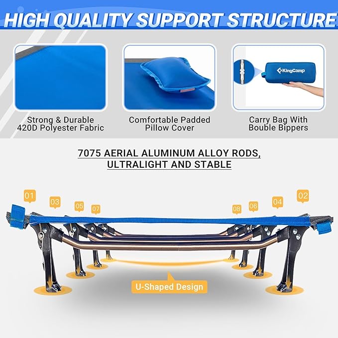 KingCamp Camping Cots for Adults Outdoors Backpacking,Folding Ultralight Heavy Duty Sleeping Cots Compact Portable Cot for Travel Hiking,Indoor Base Camping Bed with Storage Bag and Pillow, Blue