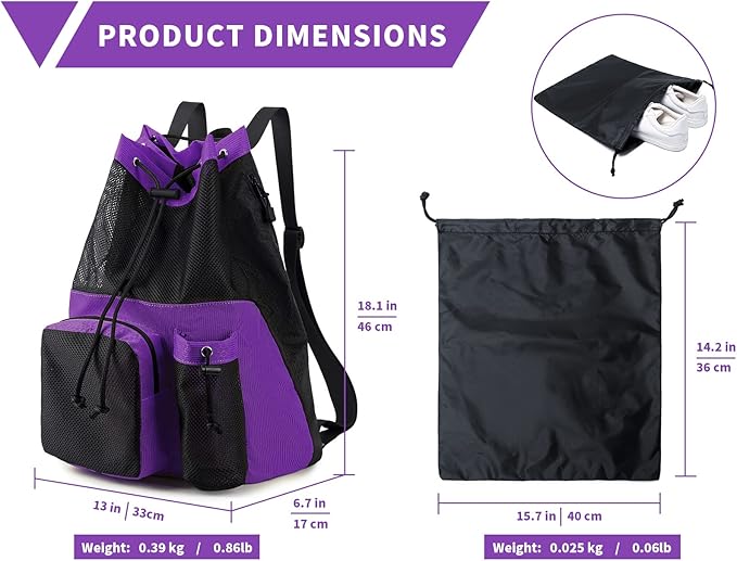 Lohol Large Mesh Drawstring Backpack with Shoe Bag, Durable Swimming String Sack with Handle for Sports Gym Yoga Beach Travel