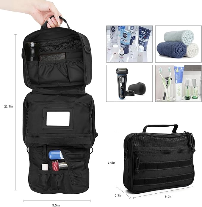 SUNRISING Tactical Toiletry Bag for Men - Hanging Travel Dopp Kit, Shaving Hygiene Organizer, Durable Bathroom Essentials for Short Trips & Camping Black