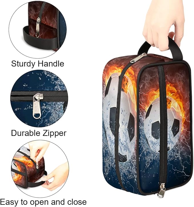 Fire Soccer Ball Portable Travel Toiletry Bag, Ice Fire Football Dopp Kit Cosmetic Organizer Makeup Bag Shower Shaving Bag for Men Women