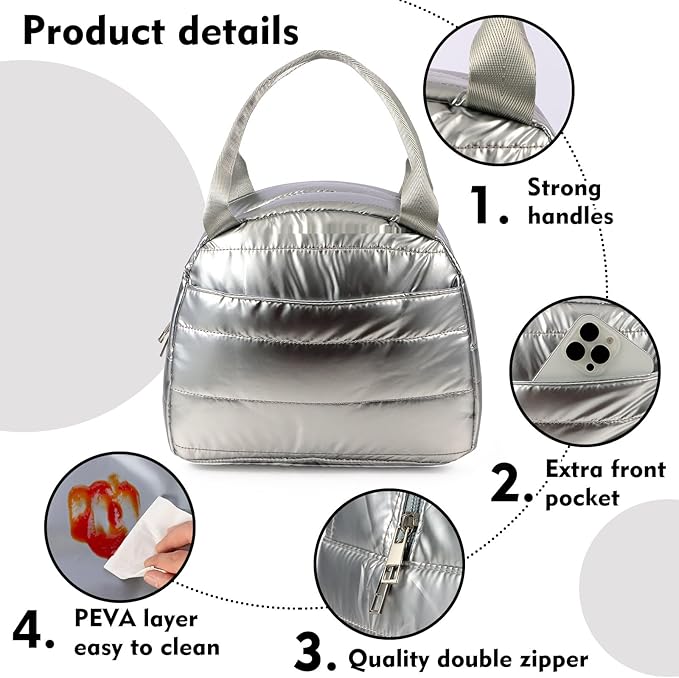 Lunch Bag Lunch Box for Women Men Adult Insulated Cute Small Quilted Puffer Lunchbox Reusable Thermal Lunch Cooler Tote Bag for Work, Picnic or Travel-Silver