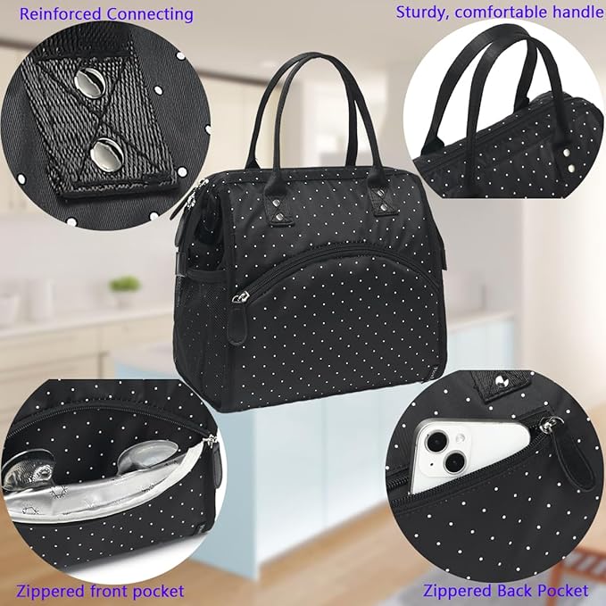 FlowFly Insulated Lunch Bag for Women, Men, Large and Reusable, Handle, Work and Travel Tote and Meal Prep Organizer, Dot