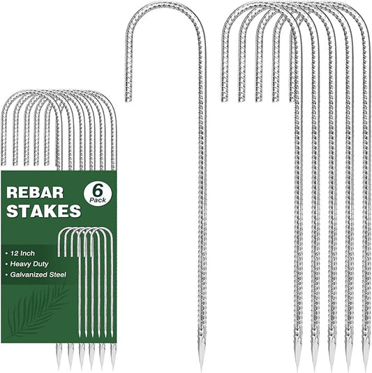 CEWOR 6 Pack 12 Inch Rebar Stakes, J Hook Tent Stakes Heavy Duty Long Galvanized Ground Anchors Metal Spikes Landscape Yard Stakes for Signs, Trampoline, Chain Link Fence, Outdoor Decoration